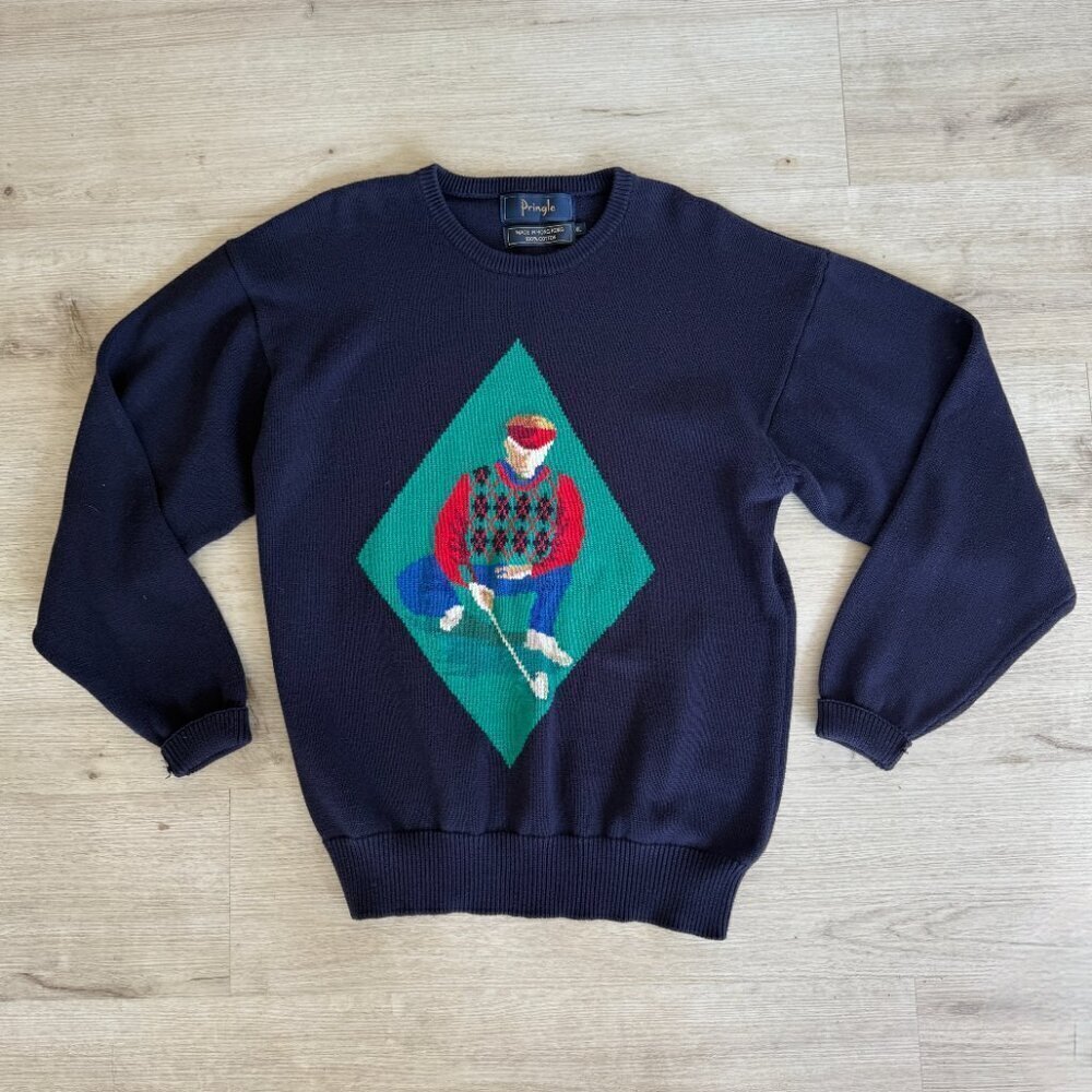 Vintage Pringle Golf Sweater Navy Blue Argyle 80s 90s Retro Large